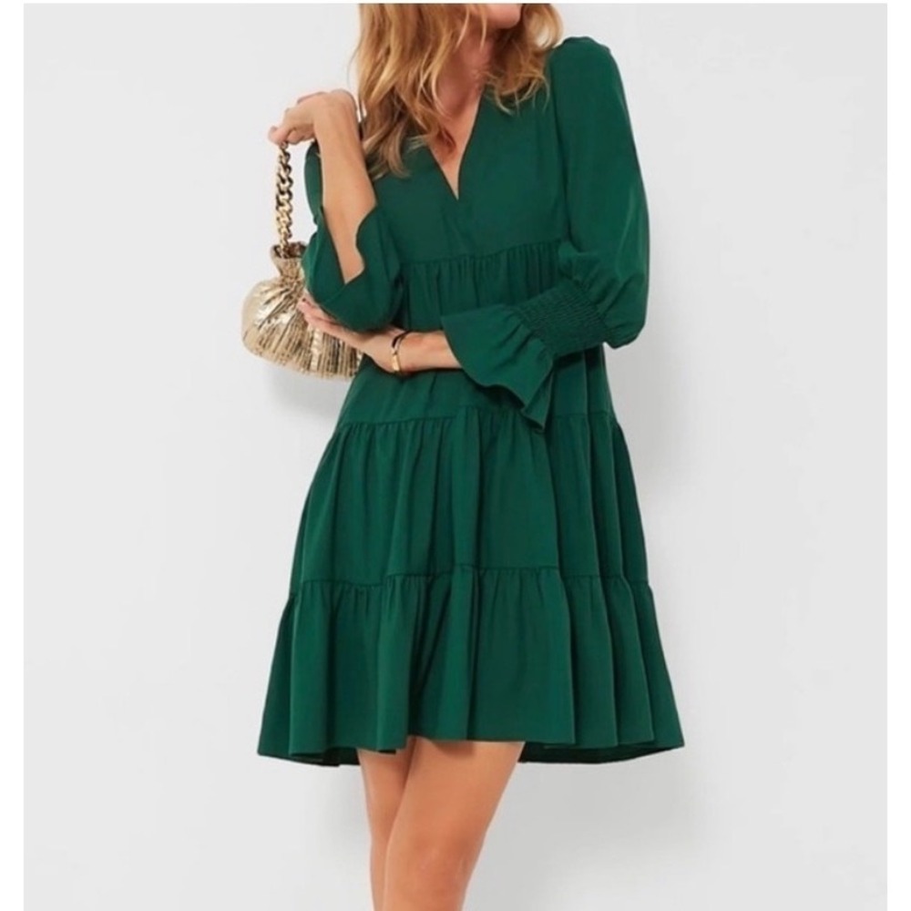 Tuckernuck Pomander Place Hunter Green Crepe Tiered Babydoll Kenzo Mini Dress XS